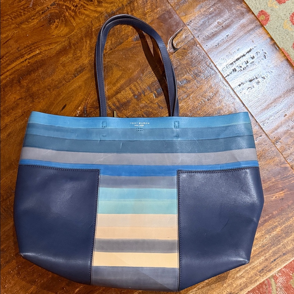 Tory Burch Art Deco Blue Multicolor Striped Tote